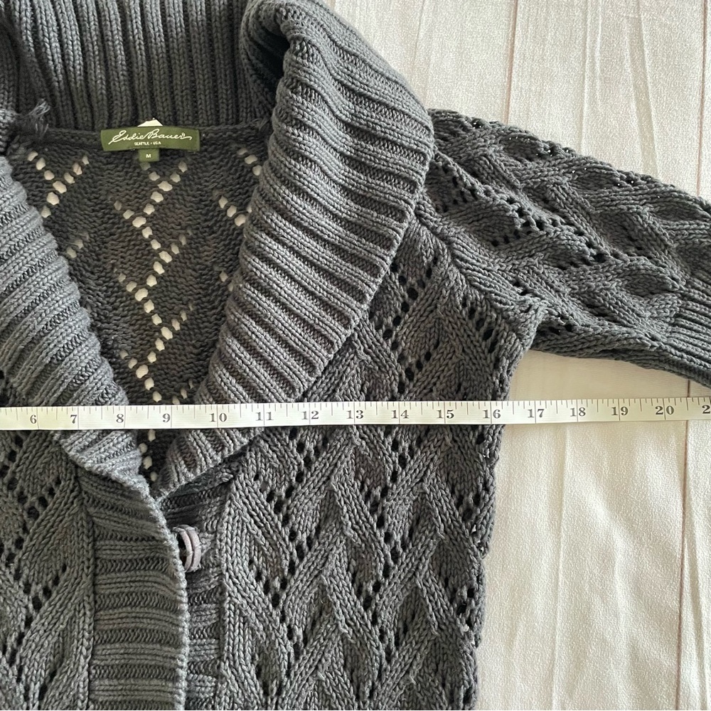Eddie Bauer Shawl Collar Knit Cardigan Sweater Women’s M Gray Short Sleeve Y2K - Picture 12 of 16